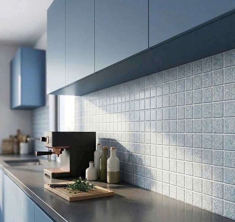 Gạch Mosaic Vuông Vàng Kem Hạt Nhỏ Xanh Mờ Matt ốp bếp